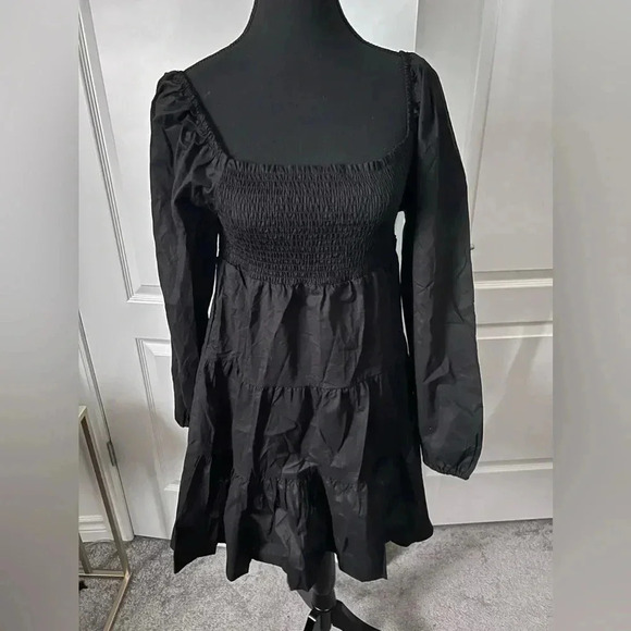 Steve Madden  | Black Smocked Puff Sleeved Peasant Mini Dress | Size M [24] - Picture 3 of 7